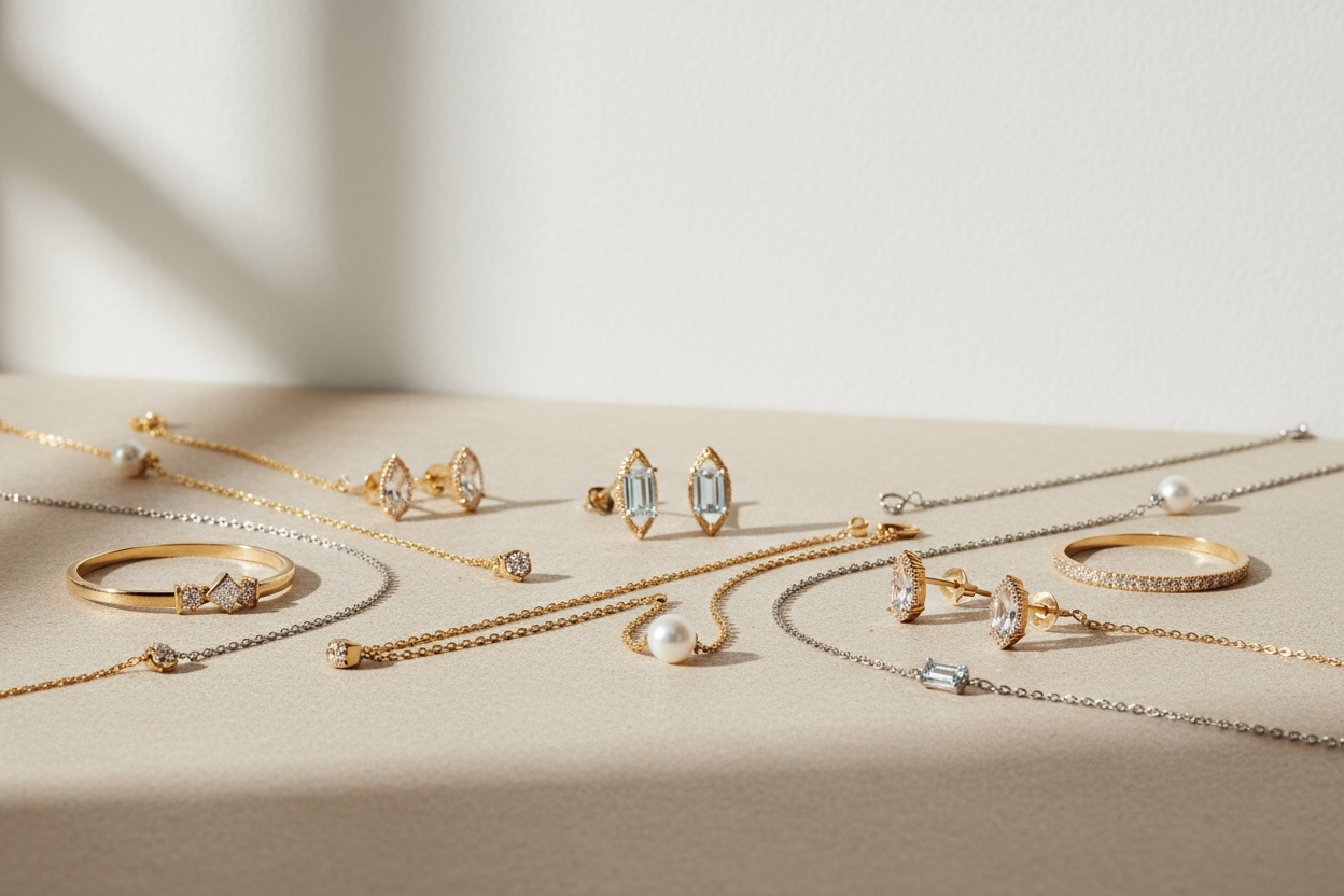 genera una imagen con la joyeria fina de mi galeria en un fondo minimalista 